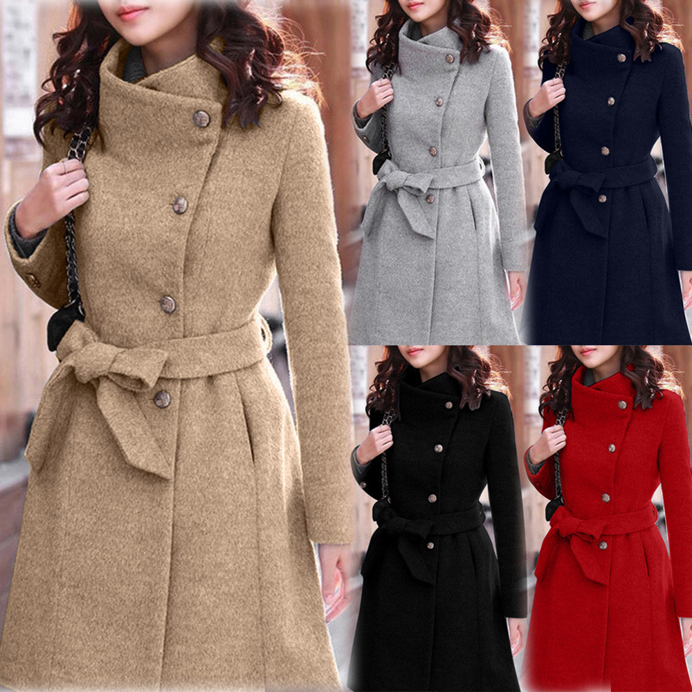 

Womens Winter Lapel Wool Coat Trench Jacket Long Sleeve Overcoat Outwear Dropshipping size Leisure Work clothes free shipping, Gray