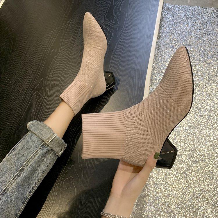 

Women's boots 2020 autumn new wool knit thick with wild pointed elastic ankle boots high heels, Beige