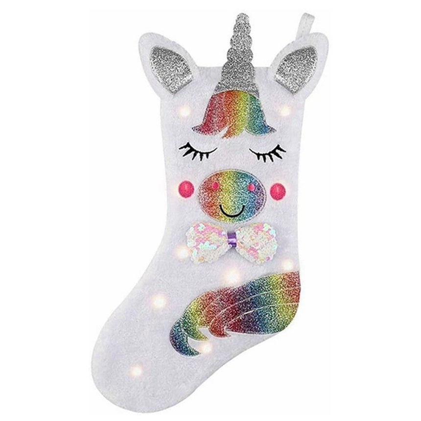 

Unicorn Christmas Stocking With LED Light Cartoon Unicorn Sequins Stockings For Christmas Decoration Gift Candy Bag