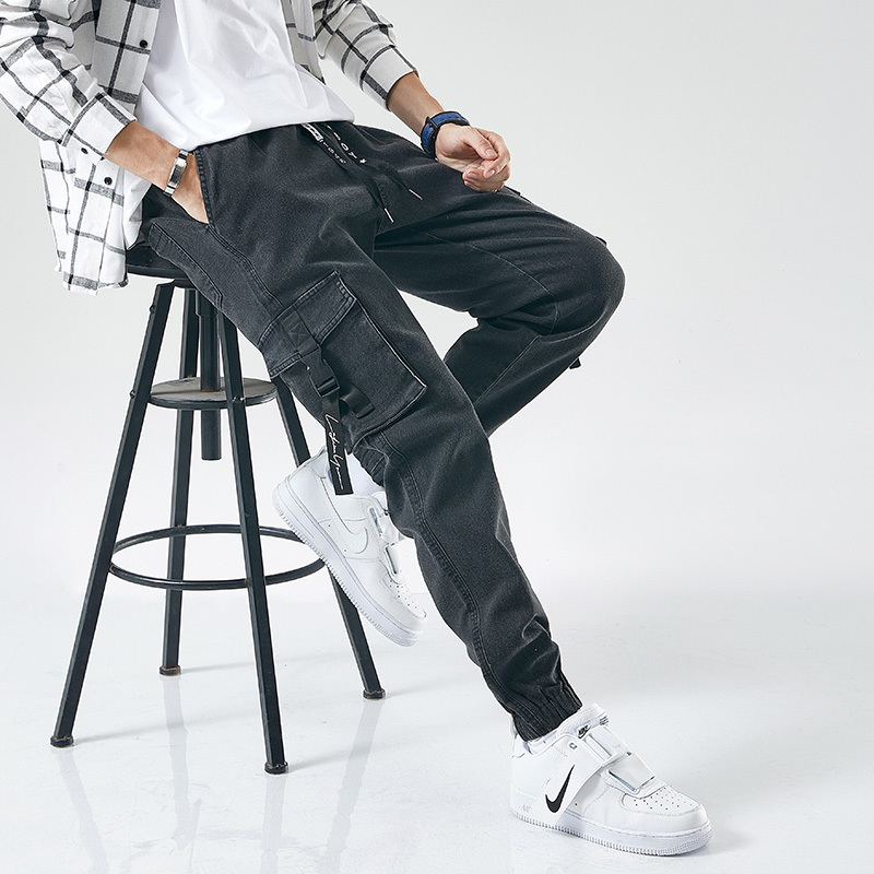 

2020 New Autumn streetwear jogger men's brim multi-pockets cargo denim pants, Blue