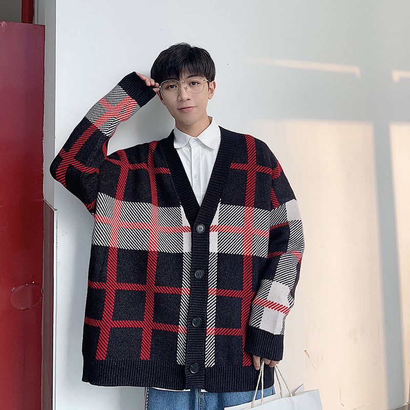 

New 2021 Autumn Red Net Plaid Cardigan of Loose Men Lazy Wind Knitted Sweater Gray Stripe 8UED, Black