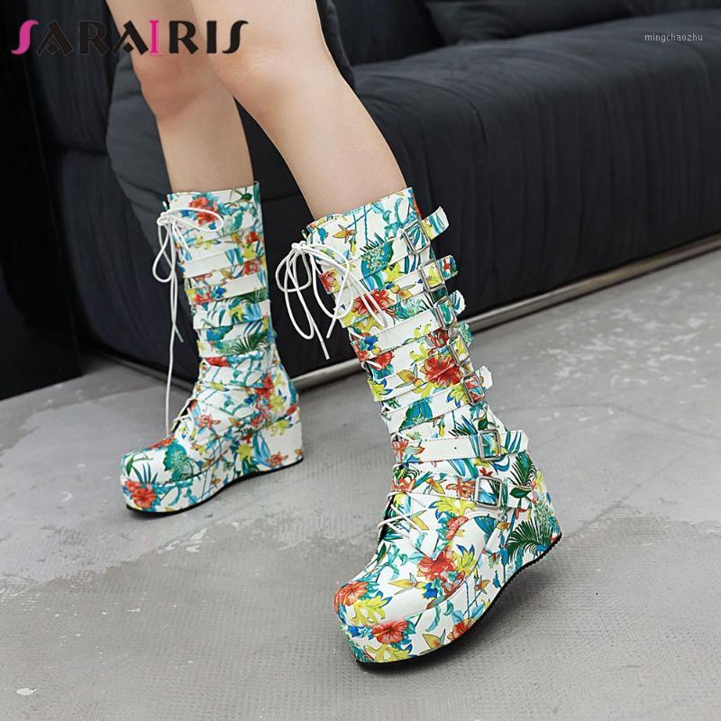 

SARAIRIS New Arrivals Plus Size 33-46 Wedge High Heels Buckles Shoes Woman Boots Female Platform Mid Calf Boots Women Shoes1, Black