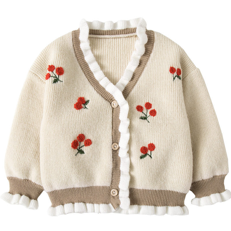 

2021 New Kids Girls Children's Knit Cardigan Sweaters Autumn Strawberry Embroidery Outerwear Sweater Baby Clothes 3colors 0-4y Gkxo, Ivory