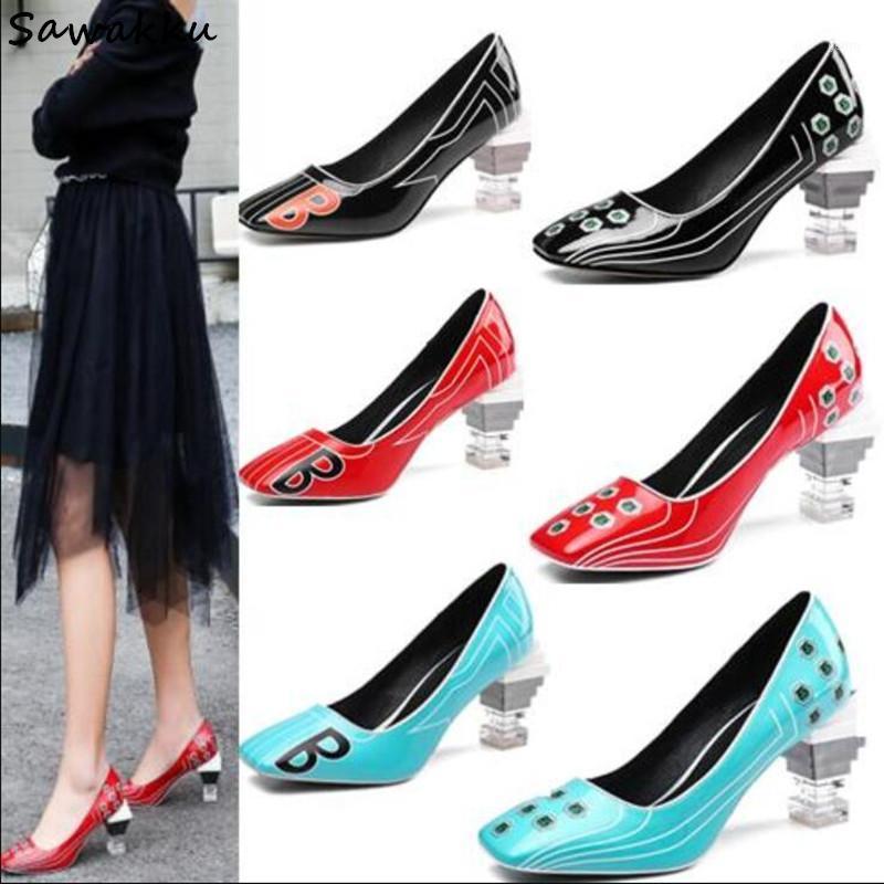 

Novelty Designer Patent Leather Women Pumps Sexy Strange High Heels Square Toe Crystal Clear Heel Shoes Printed Sapato Feminino1, As show