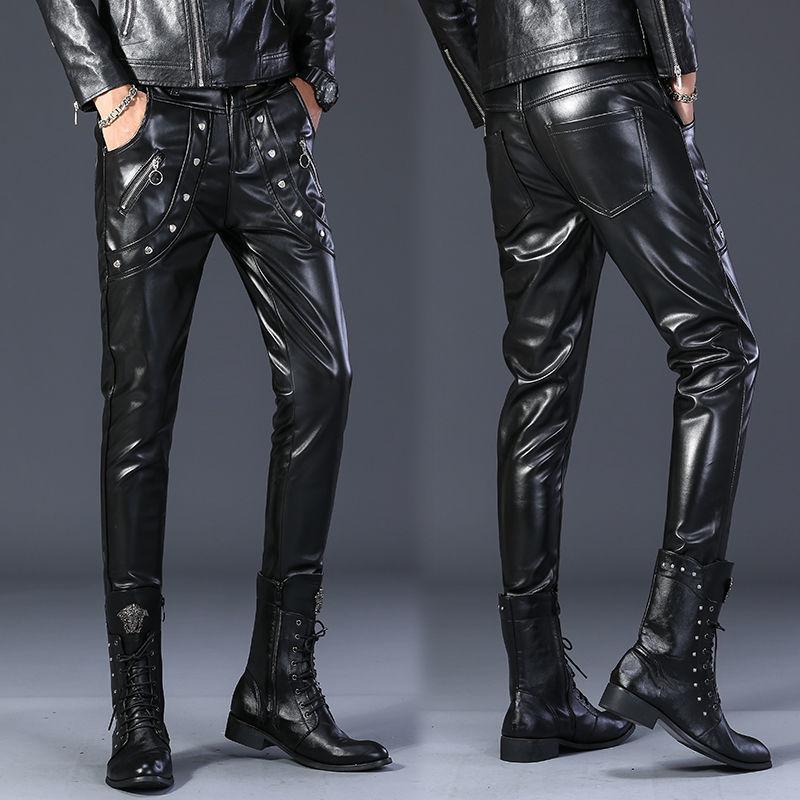 

New Autumn Winter Men's Pants Fake Leather Trousers Crystal Pencil Slim PU Pant Waterproof Moto&biker Trouser Haircutter pant, Item 2