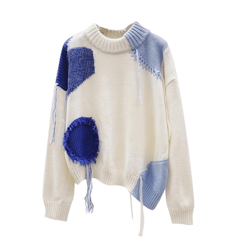

TVVOVVIN Sweater Tassel Patchwork Women Color Matching Pullovers Women Sweaters Pllus Size White Knitting Tops 2021 Fashion ZWRY