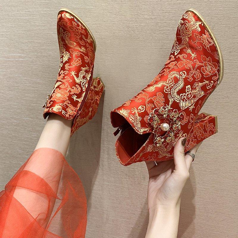 

2021 women's short boots winter short plush pointed toe platform high heel boots women's party retro wedding, Multi