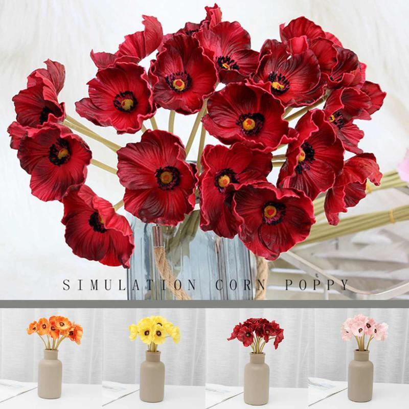 

10PCS Fresh Artificial Mini Real Touch PU/ latex Corn Poppies Decorative Silk fake artificial poppy flowers for Wedding holiday1, Burgundy