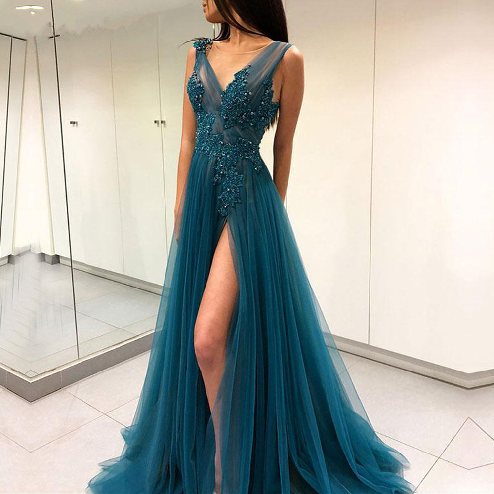 

2021 New Sexy Green Brisket Evening Gown Soiree Robe Open Side Formal Female Split Dress a Line Dressed Special Occasion T8RW