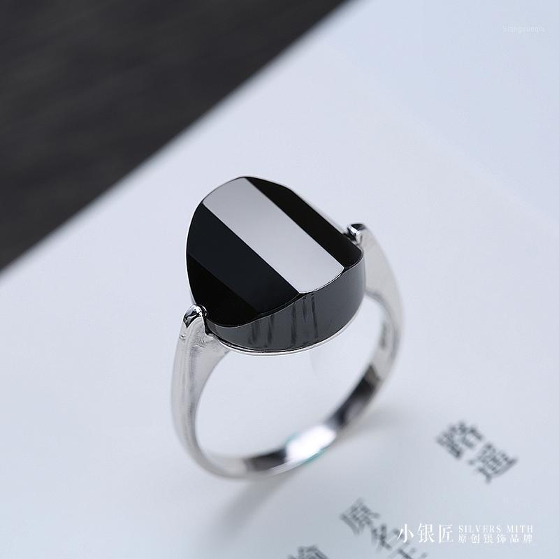 

Cluster Rings Xiaoyinjiang Silver Original Handmade Sterling Ring Natural Black Agate Women's Fashion Single, Golden;silver