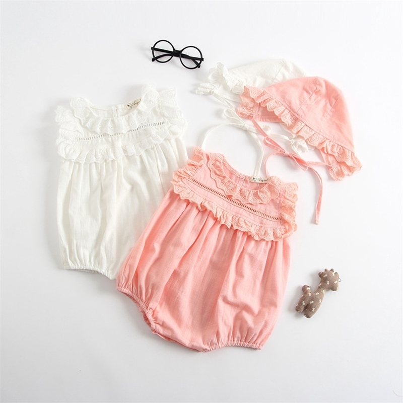 

Baby Girl Clothes Summer  Baby Romper Clothes Cotton Lace Girl Jumpsuit With Hat Sleeveless Infant Baby Sunsuit Outfit 201127, Beige