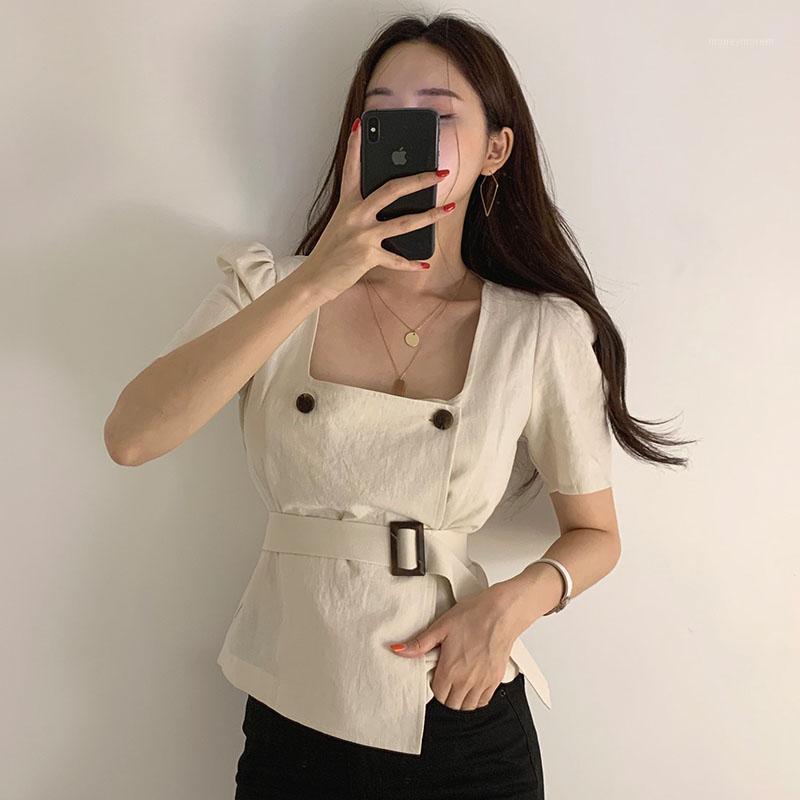 

Women' Summer Short-sleeved Blouse New Square-neck Shirt Clavicle Double-breasted Slim Waist Short-sleeved BlouseGX2191, Beige