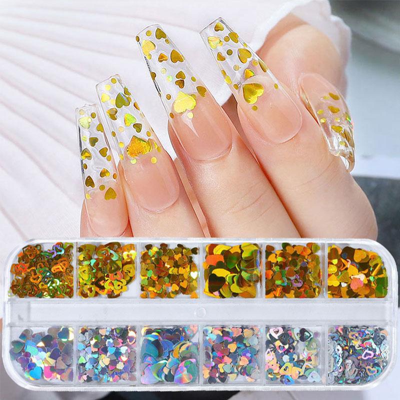 

12 Grids Mirror Heart Nail Glitter Set Holographic Sequin Flakes Paillette Shinning Snow Nail Art Powder Manicuring Decoration