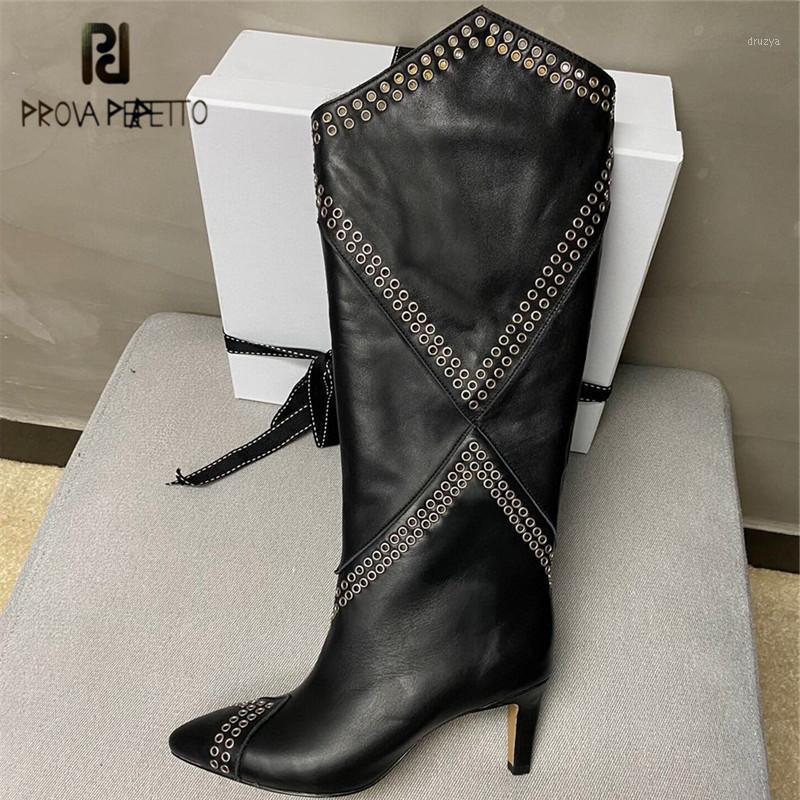 

Prova Perfetto Mature Microfiber Women Thigh High Boots Thin Heels Metal Decoration Pointed Toe Classics Black High-heeled Boots1