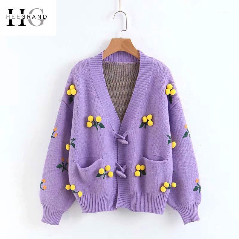 

HEE GRAND Preppy Style Pompon Knitted Cardigans Women Embroidery Long Sleeve Warm Outwears 2020 Autumn New Sweater WZM14811, Beige