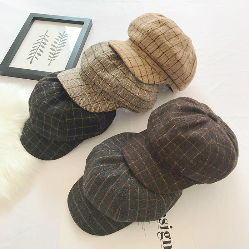 

New Autumn Winter Retro Check Octagonal Hat British Student Art Style Bent-brim Newsboy Hat Female Wild-match Cotton Beret, Black