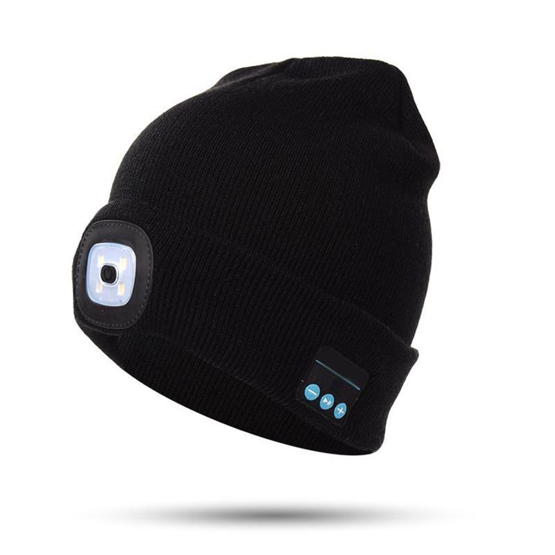 

Bluetooth Beanie Hat with LED Headlight Lighted Beanie Cap Rechargeable with Wireless Bluetooth Winter Warm Knit Hat B88, Black