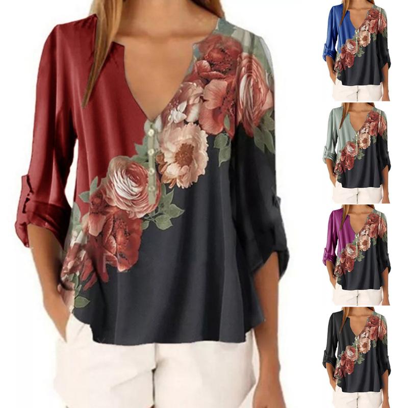 

Summer Short Sleeve Women Chiffon Shirts Sexy V Neck Floral Print Patchwork Woman Blouses Tops Casual Tee Shirt Female Plus Size, Black