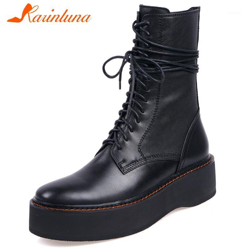 

Autumn Designer Motorcycle Boots Platform Chunky Heels shoelace Zip Women Boots KARIN Brand New Genuine Leather Women Shoes1, Black cow fur
