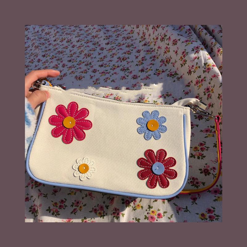 

Summer Fashion Women Canvas Baguette Shoulder Bags Vintage Flower Ladies Small Purse Handbags Cute Girls Female Underarm Bag