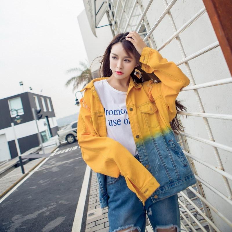 

Women denim jacket harajuku top hip hop clothing 2020 streetwear female fall yellow stitching jean jacket 2020 women TA954