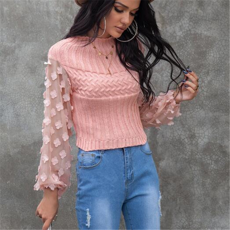 

Autumn Winter Women' Sweaters Petal Puff Sleeve Slim Pullover Top Sweater Women Mesh Patchwork Round Neck Knitwear Pink Sweater, Kg-1