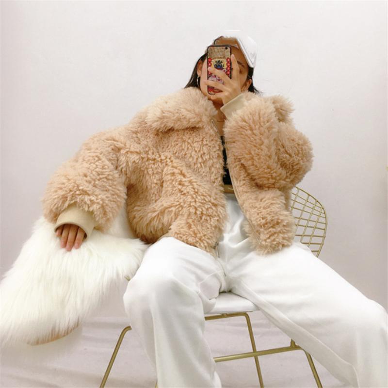 

2020 New Winter Faux Fur Coat Women Fashion Imitation Wool Heavy Overcoat Baseball Uniform Streetwear Korean Ladies Outerwear, Blue