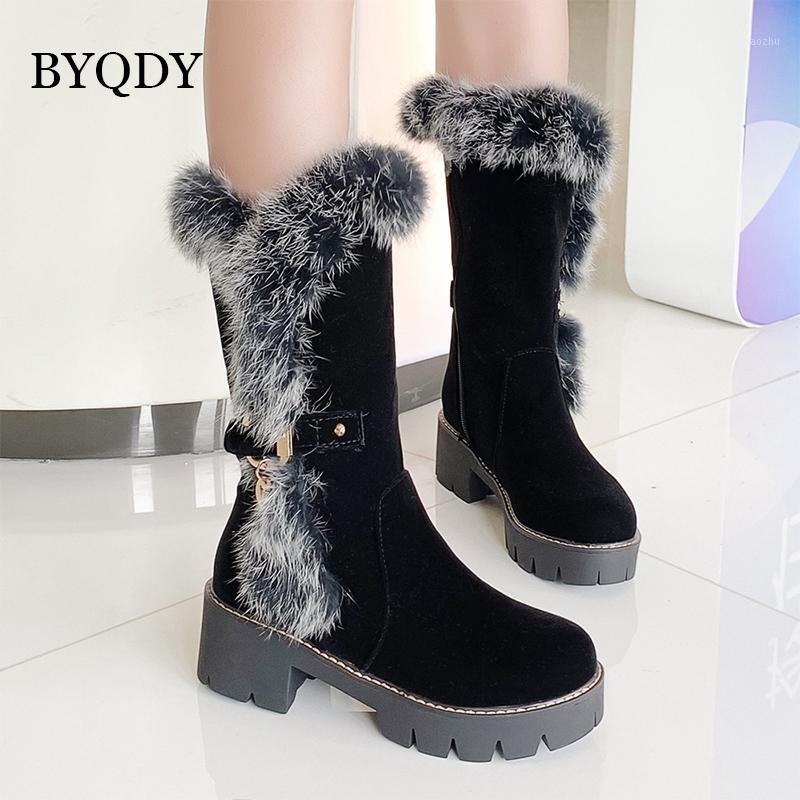

BYQDY New 2020 Autumn Winter Mid-calf Women Boots Thick Heels Warm Plush Hair Boots Shoes Plus Size 34-43 Good Quality1, Black