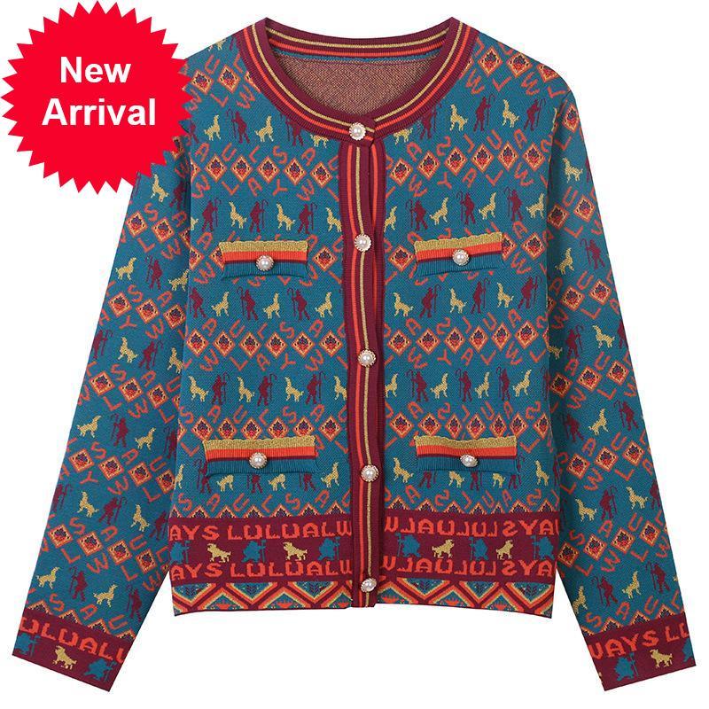 

2021 New Autumn Winter Track Jacquard Women High Quality Cardigan Nightgown the Neck Sleeve Long New Trend Chic Sweater W15i, Beige