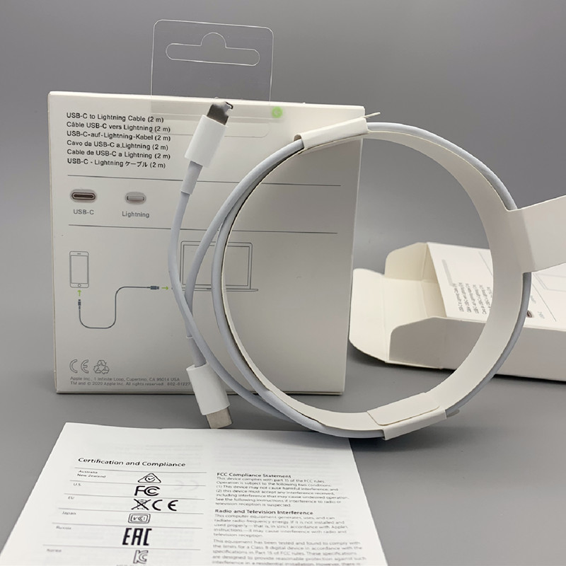 

100pcs/Lot for apple PD fast charging usb c cables 2m for iPhone 12 11 pro max Xs 8 pin to Type C Macbook phone with retail box, White