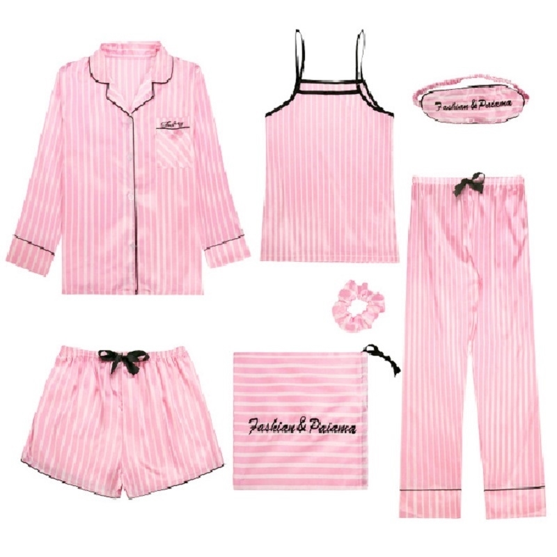

7 Pieces Women Pajama Set Ladies Bedgown Pink Striped Faux Silk Homewear Floral Printed Comfort Soft Femme Sleepwear Bestie Gift 201113, Color-e