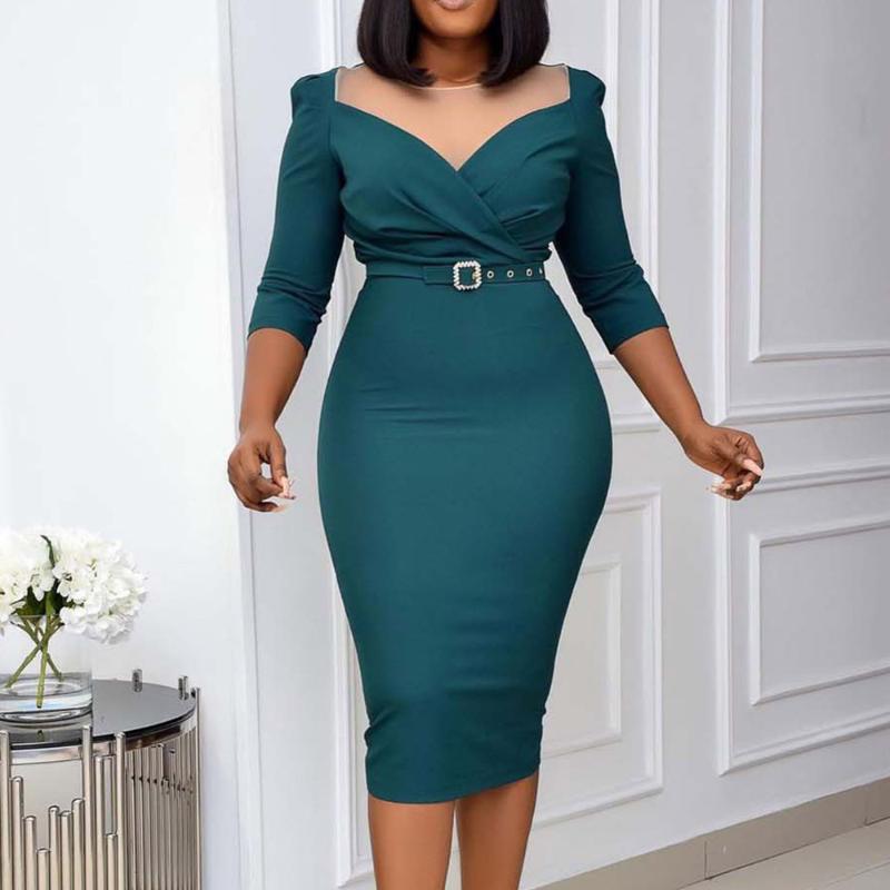 

European American Tanning Dress Sexy Profession Commute Spring Autumn Draw Back Splicing Round Neck Long Sleeve Woman' Dress, Blue