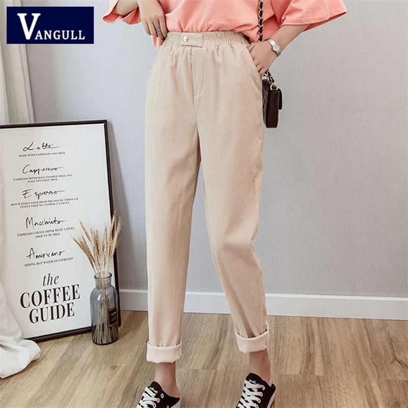 

Vangull Women Corduroy Harem Pants Solid High Wait Loose Casual Ankle-Length Pants Autumn New Elastic Waist Korean Version Pants 201109, Black