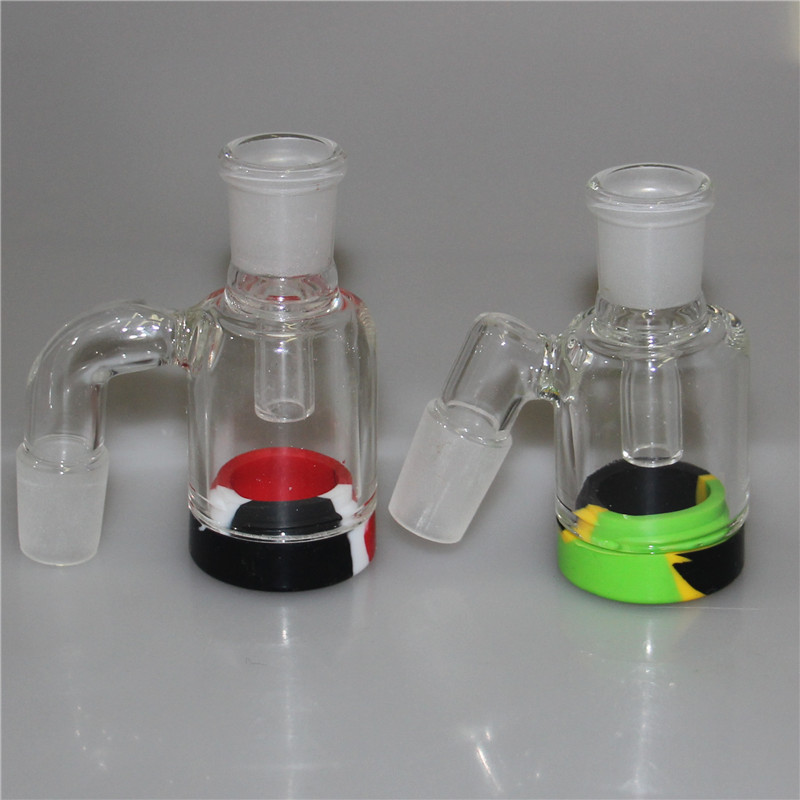 

Hookah 14mm Male Glass Ash Catcher with colors silicone container straight silicone bong water pipe oil rig smoking pipes