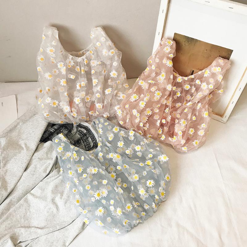 

Women Small Transparent Tote Mesh Cloth Bag Daisy Embroidery Handbag Cute Flower Tulle Fruit Bag Purse Shopping1