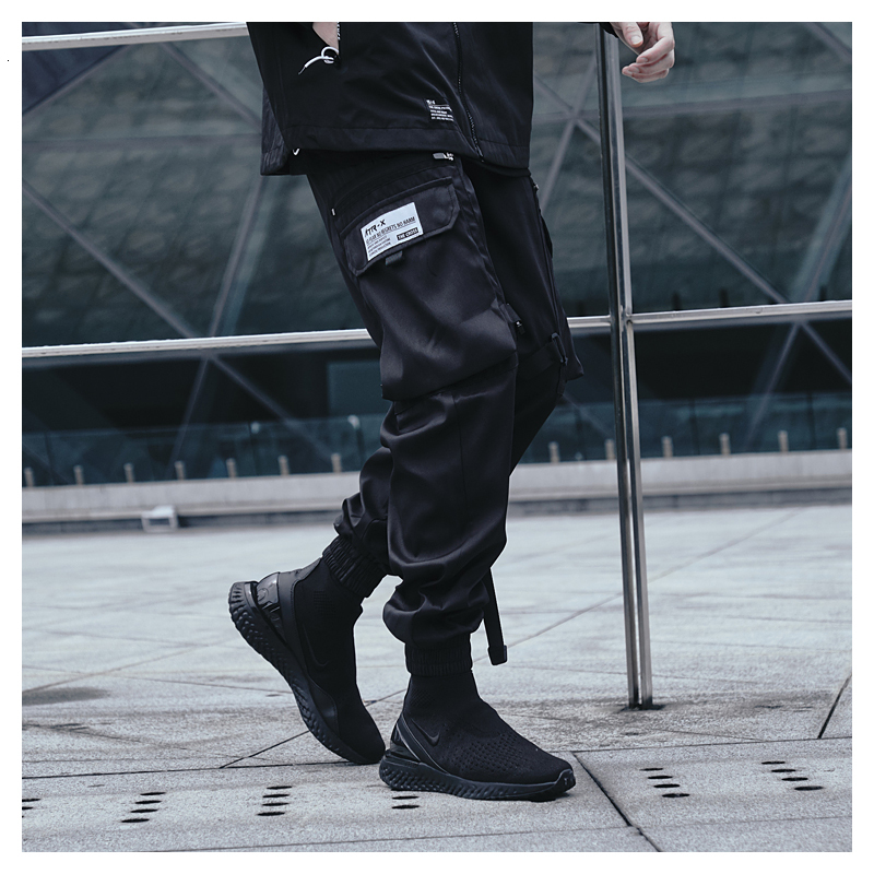 

2021 Men Ribbons Color Block Black Pocket Pants New Autumn Joggers Harajuku Sweatpant Hip Hop Trousers Overalls Gmft