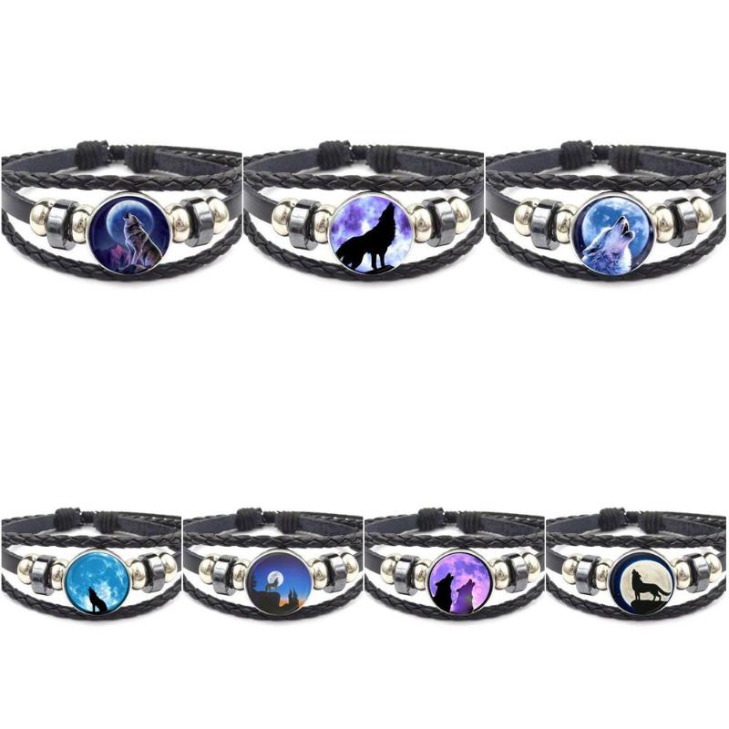

EJ Glaze Wolf Vintage Jewelry With Plated Glass Cabochon Black Leather Bracelet Bangle For Christmas Gift