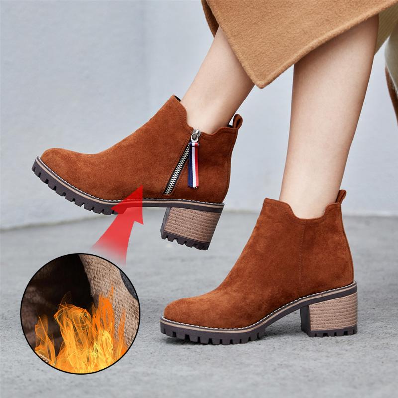 

Plus Size 34-44 Women Ankle Boots Zipper Fashion Square High Heel Round Toe Ladies Motorcycle Snow Shoes, Black