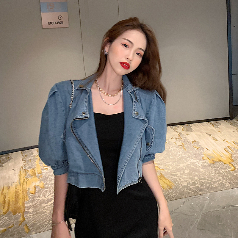 

Jacket female jeans 2020 new locomotive lapel release flashlight short sleeves denim, Blue
