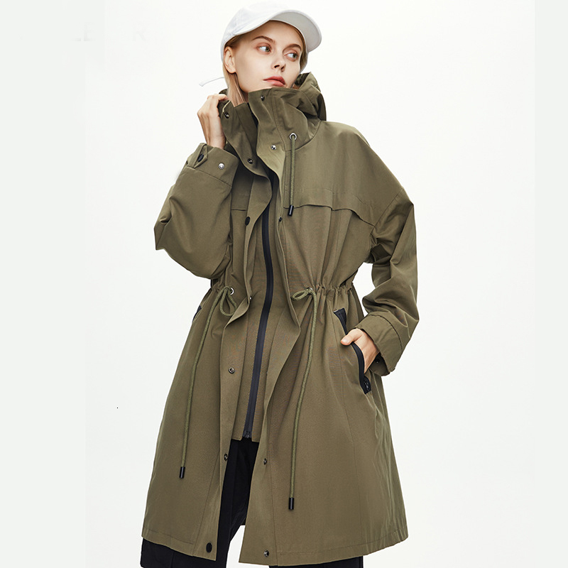 

2021 New Autumn Lace-up Belt Waist Design Women Hooded Long Coat Casaco Feminino Abrigo Mujer Cotton Trench Femme C2bz, Army green