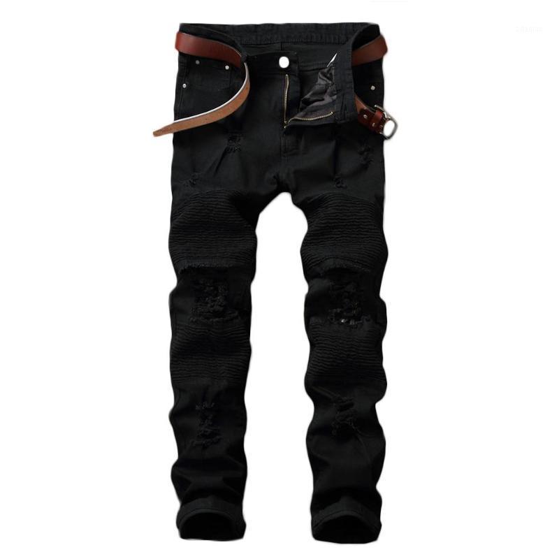 

Biker Men Slim Ripped Hole Jeans Solid Color Skinny Straight Trousers Pants Jeans Male Trousers Fashion Classic1, Black