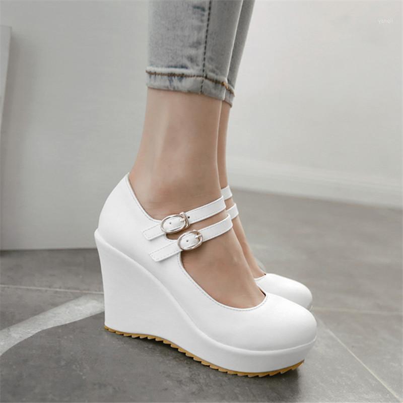 

Dress Shoes Women High Heels Wedges Platform Round Toe White Black Wedding Party Shoes1