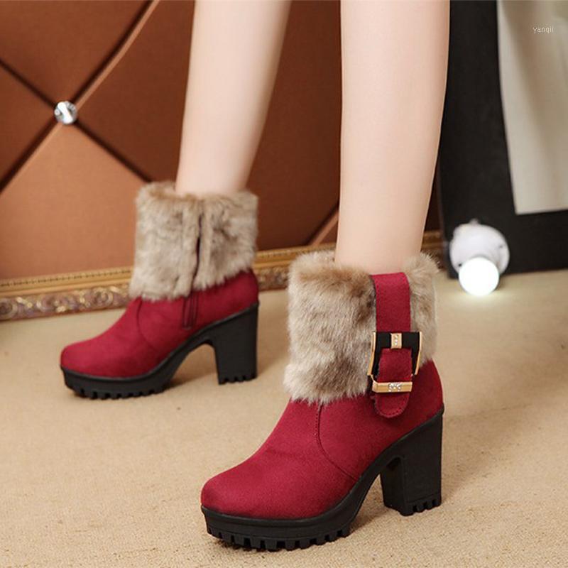 

Women Winter Short Boots Warm Fur Ladies PU Leather Shoes Ankle Boots High Heels Zippers Female Square Heels Platform Elegant1, Black