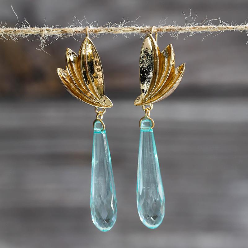 

Elegant Blue Crystal Droplets Stone Long Earrings for Women Fashion Jewelry Gold Lotus Hanging Dangle Earrings Z3D321