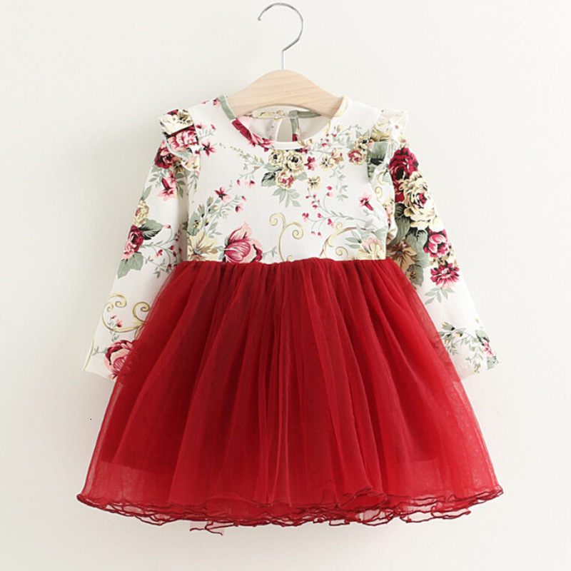 

2021 New Spring Es Children Clothing Princess Long Sleeve Flower Print Girls Clothes Red Pink 3-7t N5ie