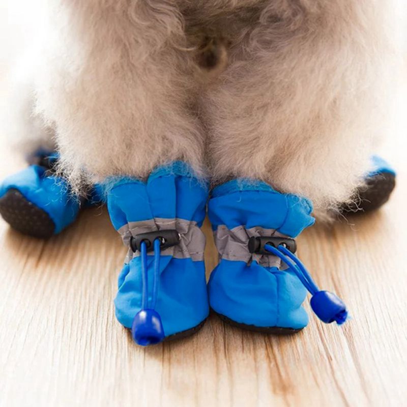 

4pcs/set Waterproof Winter Pet Dog Shoes Anti-slip Rain Snow Boots Footwear Thick Warm For Small Cats Puppy Dogs Socks Booties, Blue