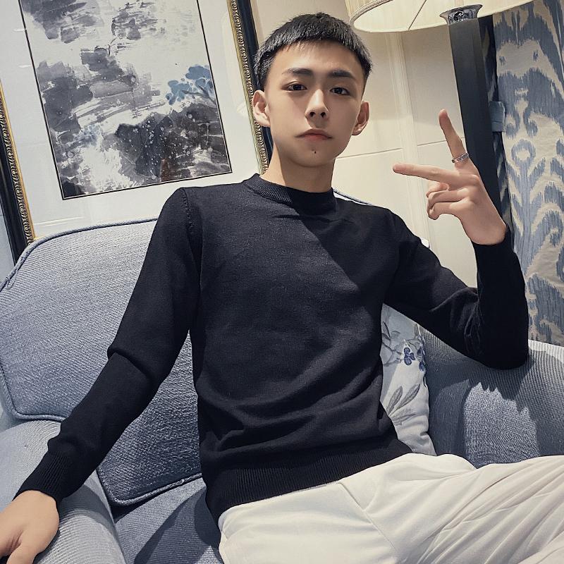 

Men's bottoming shirt sweater slim round neck solid color sweater autumn and winter, Black