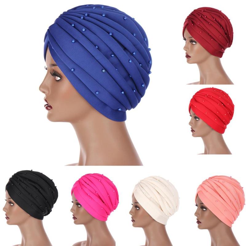 

New European and American fashion solid color space cotton hand-sewn beaded Muslim Baotou cap Baotou cap