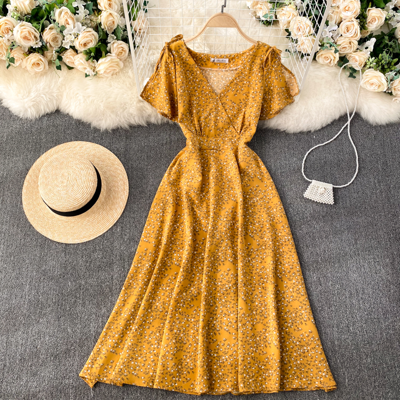 

2021 New Singiny female vintage floral print summer neck the line holiday beach dressed style MWRU, Yellow.