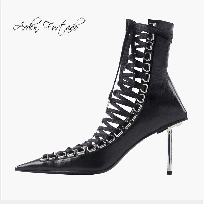 

Arden Furtado 2020 Fashion Women's Shoes summer boots stilettos heels sexy Cross tied ankle Boots Lace up pointed toe 451, Black